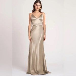NWT Jenny Yoo Brenna Satin Bridesmaid‎ Dress Latte Light Gold Metallic